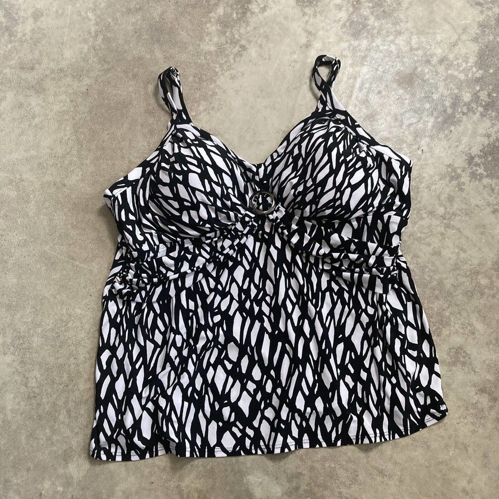Trimshaper Swimwear Womens Size 24W‎ Shirred Web Design Tank Black White